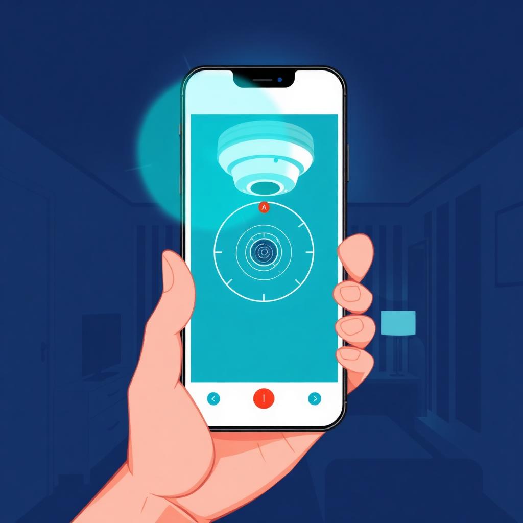 iPhone scanning a hotel room with a teal detection overlay highlighting a hidden camera lens inside a smoke detector